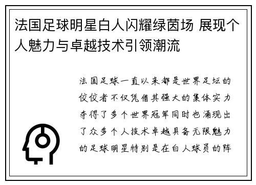 法国足球明星白人闪耀绿茵场 展现个人魅力与卓越技术引领潮流
