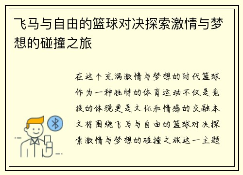 飞马与自由的篮球对决探索激情与梦想的碰撞之旅